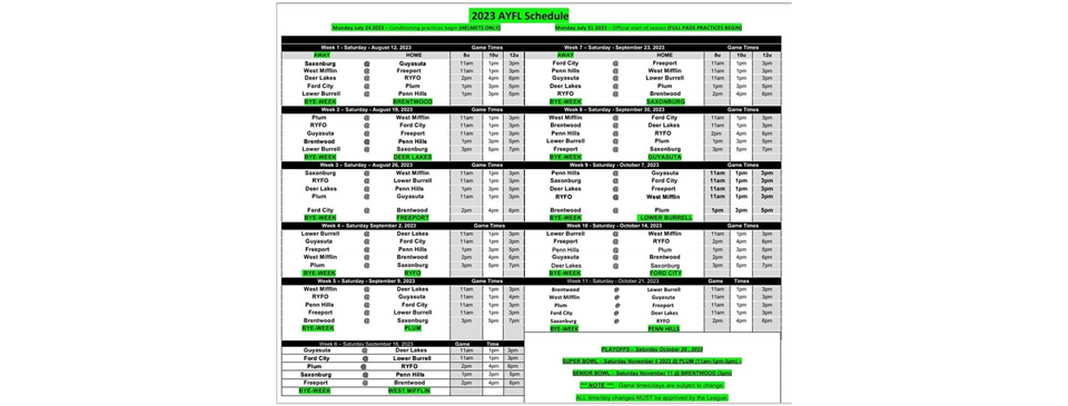 DLYF 2023 GAME SCHEDULE